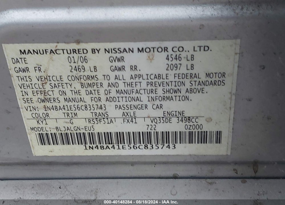2006 NISSAN MAXIMA 3.5 SL VIN: 1N4BA41E56C835743