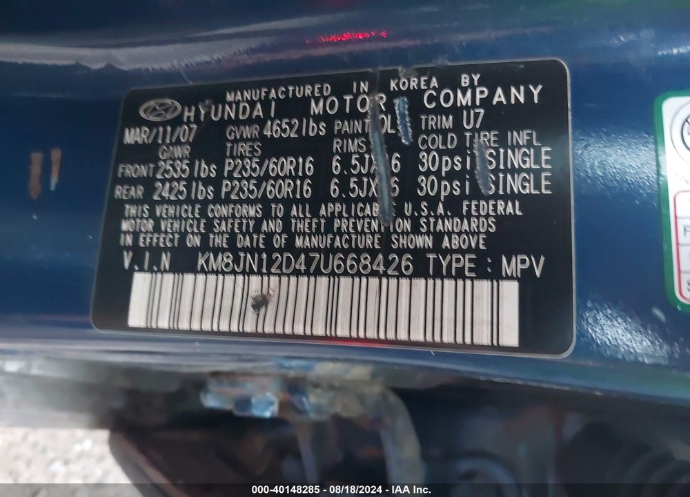 2007 HYUNDAI TUCSON LIMITED/SE VIN: KM8JN12D47U668426