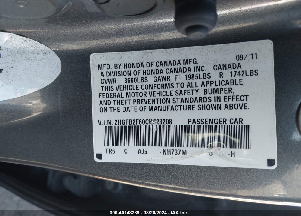 2012 HONDA CIVIC HF VIN: 2HGFB2F60CH523208