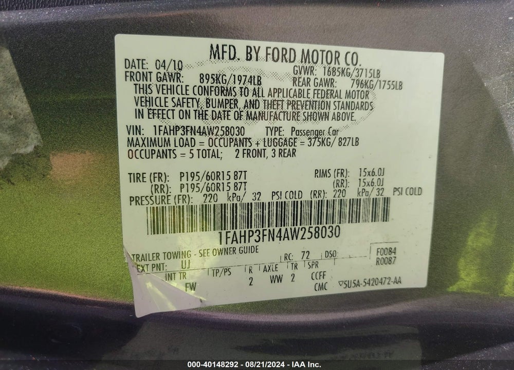 2010 FORD FOCUS SE VIN: 1FAHP3FN4AW258030