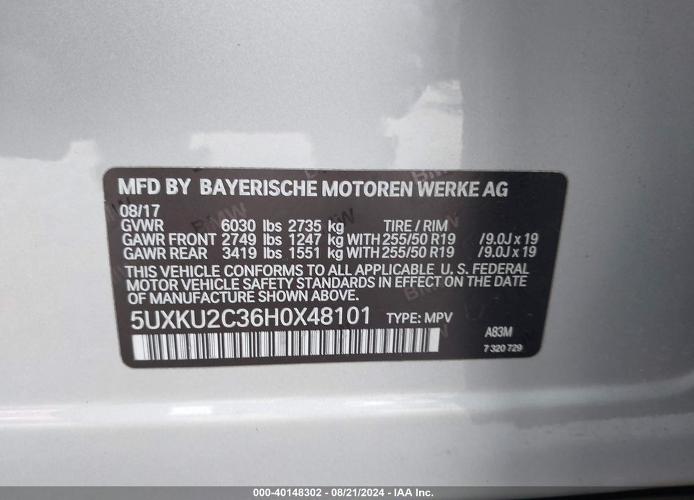 2017 BMW X6 XDRIVE35I VIN: 5UXKU2C36H0X48101