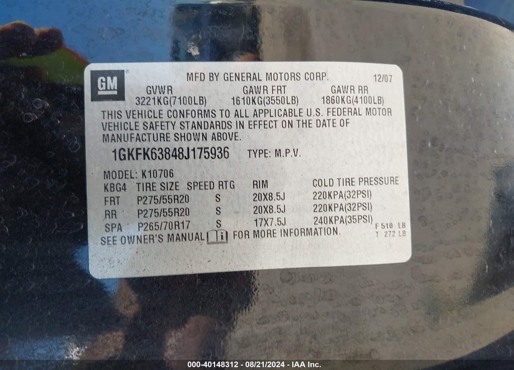 2008 GMC YUKON VIN: 1GKFK63848J175936
