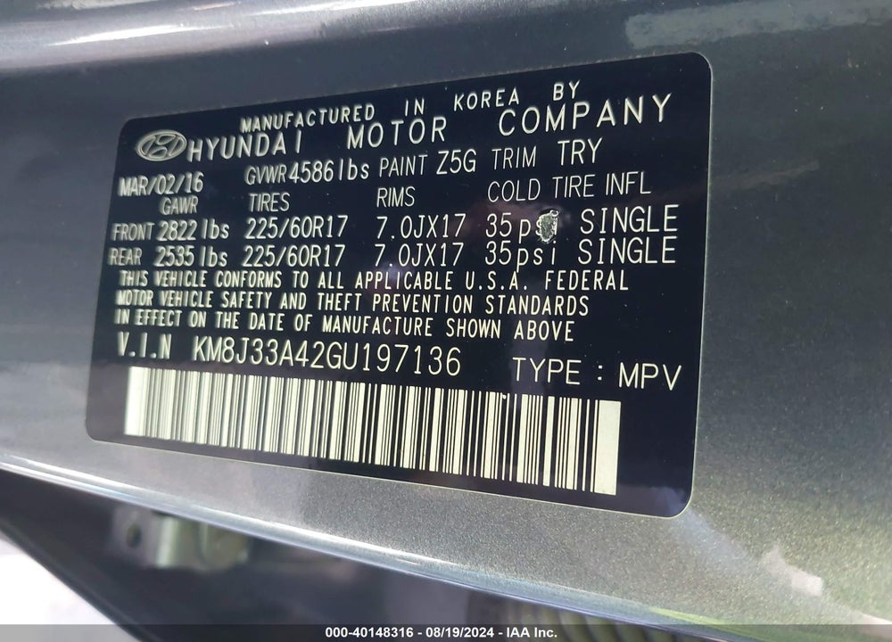 2016 HYUNDAI TUCSON SE VIN: KM8J33A42GU197136