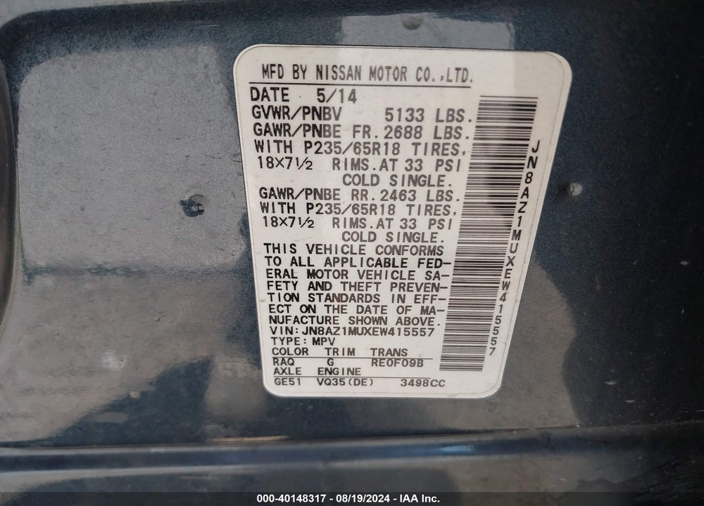 2014 NISSAN MURANO SV VIN: JN8AZ1MUXEW415557