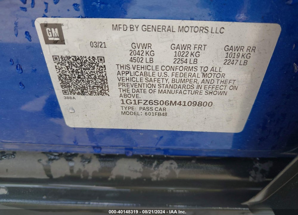 2021 CHEVROLET BOLT EV FWD PREMIER VIN: 1G1FZ6S06M4109800