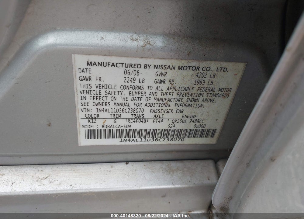 2006 NISSAN ALTIMA 2.5 S VIN: 1N4AL11D36C238070