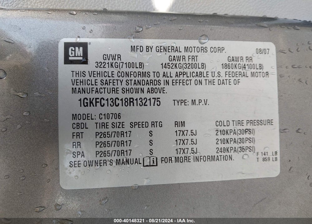 2008 GMC YUKON SLE VIN: 1GKFC13C18R132175
