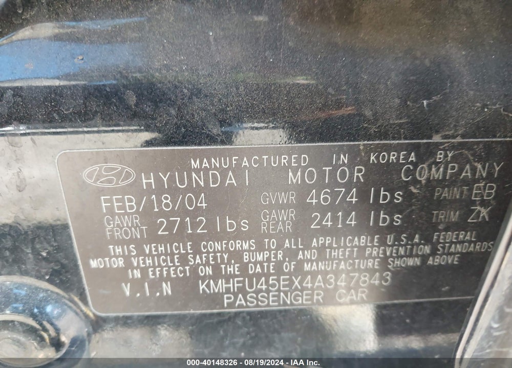 2004 HYUNDAI XG350 L VIN: KMHFU45EX4A347843