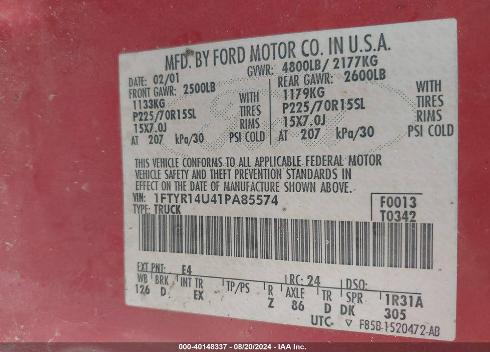 2001 FORD RANGER EDGE/XL/XLT VIN: 1FTYR14U41PA85574