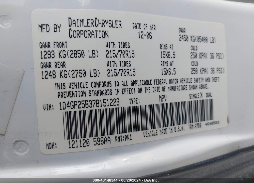 2007 DODGE CARAVAN SE VIN: 1D4GP25B37B151223