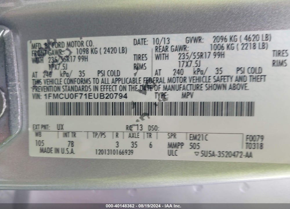 2014 FORD ESCAPE S VIN: 1FMCU0F71EUB20794