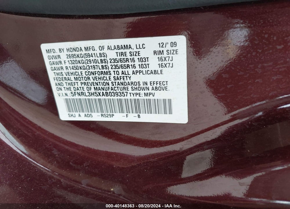 2010 HONDA ODYSSEY EX VIN: 5FNRL3H5XAB039357