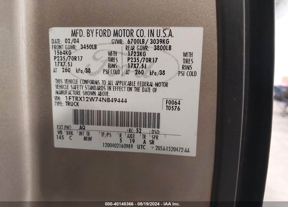 2004 FORD F-150 STX/XL/XLT VIN: 1FTRX12W74NB49444