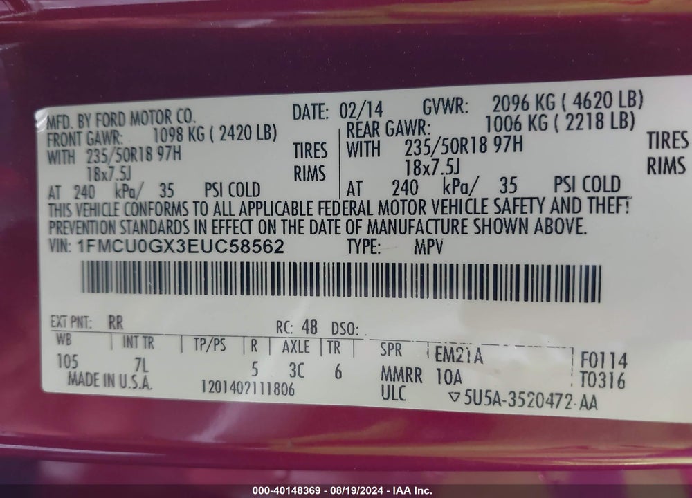 2014 FORD ESCAPE SE VIN: 1FMCU0GX3EUC58562