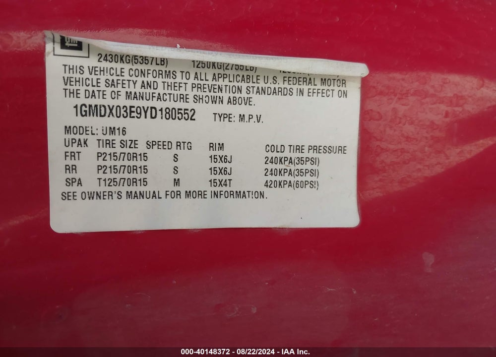 2000 PONTIAC MONTANA VIN: 1GMDX03E9YD180552