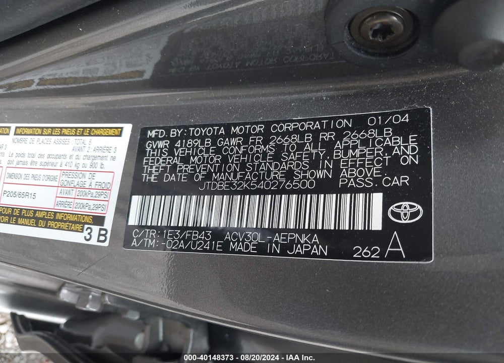 2004 TOYOTA CAMRY LE VIN: JTDBE32K540276500