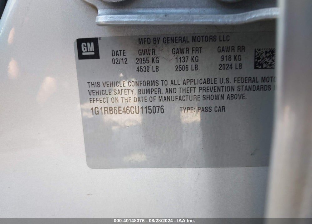 2012 CHEVROLET VOLT VIN: 1G1RB6E46CU115076