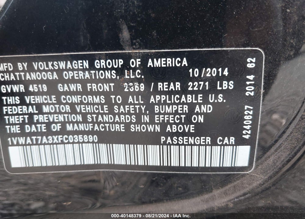 2015 VOLKSWAGEN PASSAT 1.8T WOLFSBURG EDITION VIN: 1VWAT7A3XFC035890
