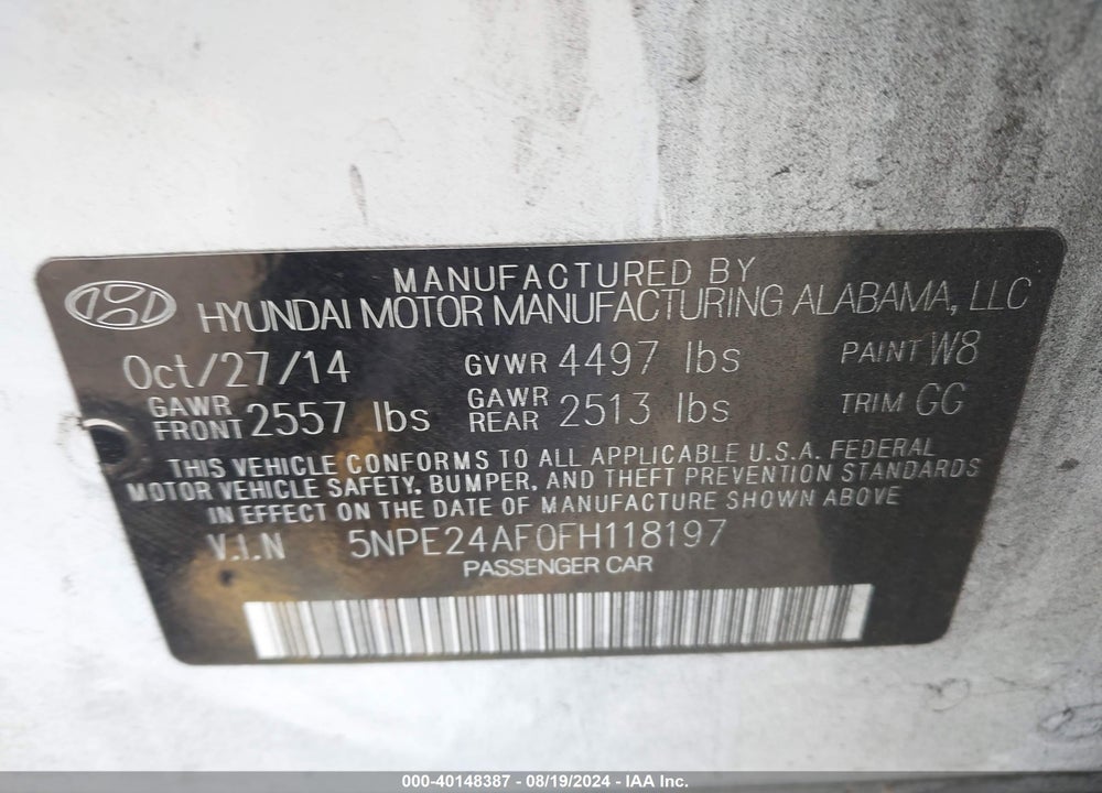 2015 HYUNDAI SONATA SE VIN: 5NPE24AF0FH118197