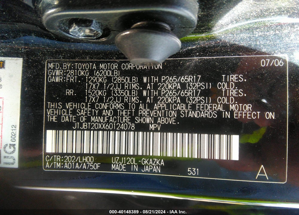 2006 LEXUS GX 470 VIN: JTJBT20XX60124078