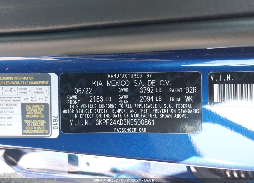 2022 KIA FORTE LXS VIN: 3KPF24AD3NE500861