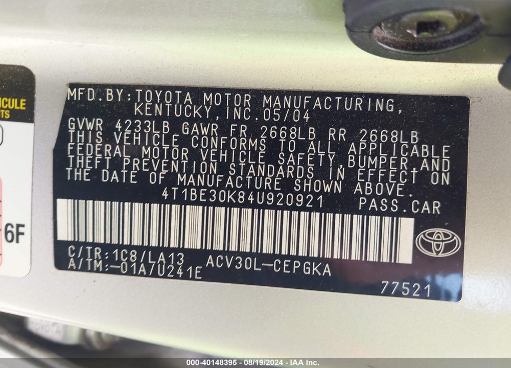 2004 TOYOTA CAMRY XLE VIN: 4T1BE30K84U920921