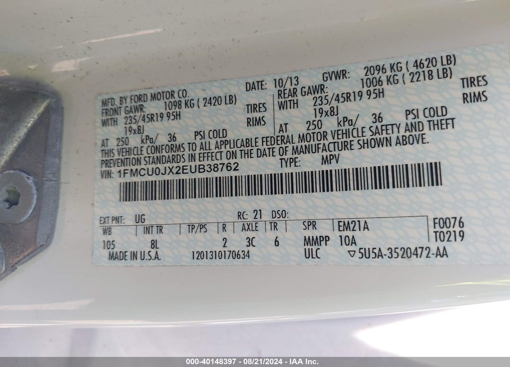 2014 FORD ESCAPE TITANIUM VIN: 1FMCU0JX2EUB38762