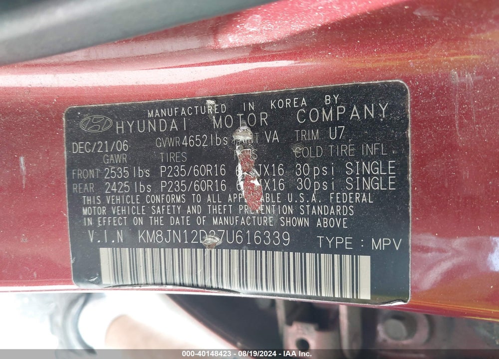 2007 HYUNDAI TUCSON LIMITED/SE VIN: KM8JN12D27U616339