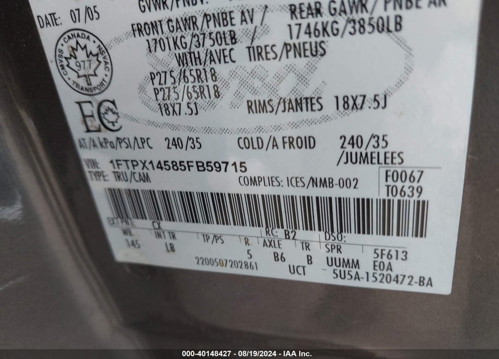 2005 FORD F-150 FX4/LARIAT/XL/XLT VIN: 1FTPX14585FB59715
