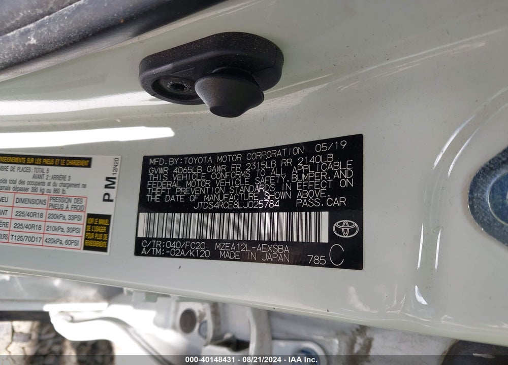 2020 TOYOTA COROLLA SE VIN: JTDS4RCE8LJ025784