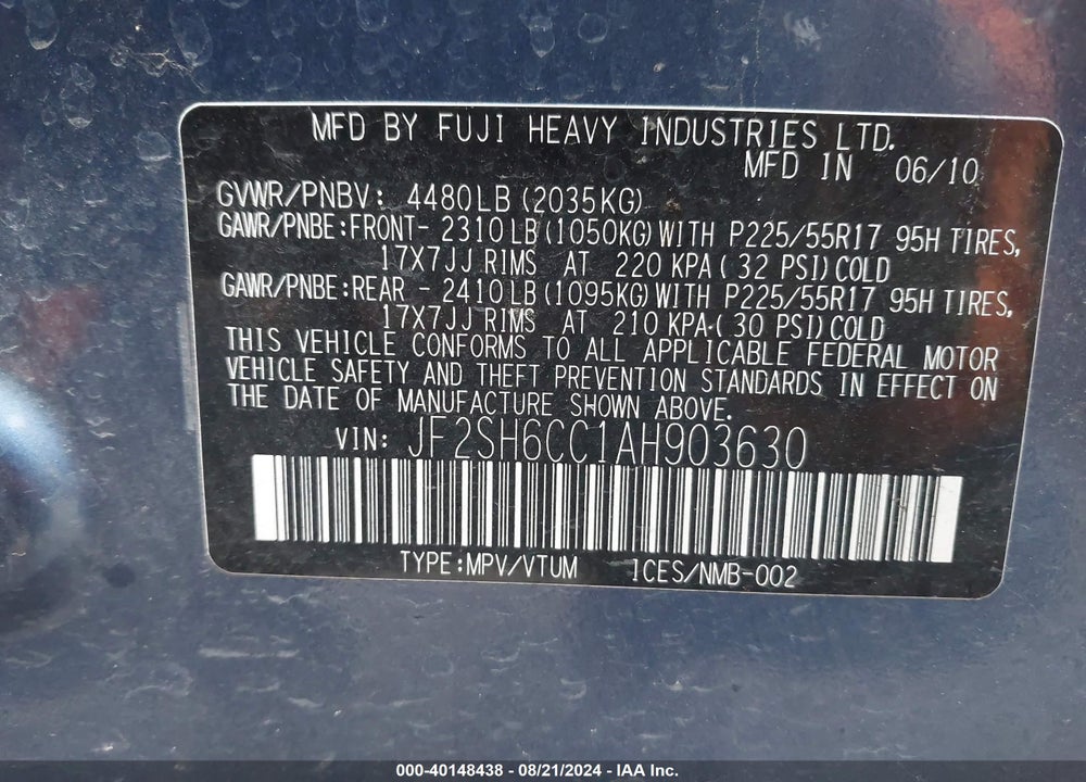 2010 SUBARU FORESTER 2.5X PREMIUM VIN: JF2SH6CC1AH903630