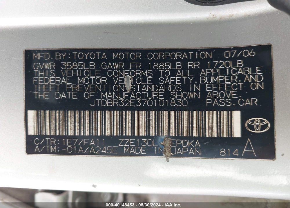 2007 TOYOTA COROLLA CE VIN: JTDBR32E370101830
