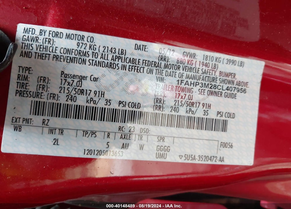 2012 FORD FOCUS SEL VIN: 1FAHP3M28CL407956
