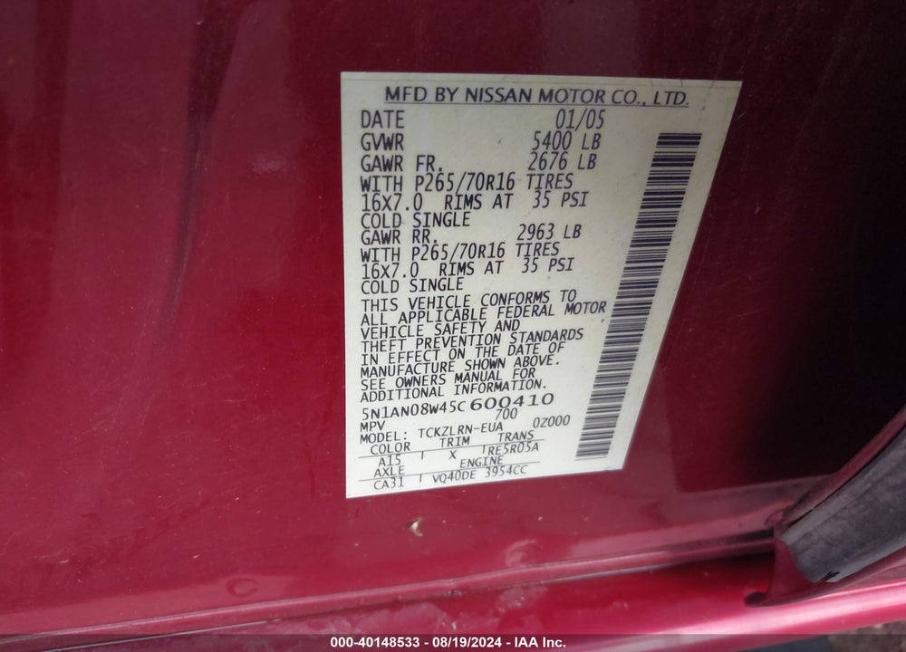 2005 NISSAN XTERRA S VIN: 5N1AN08W45C600410