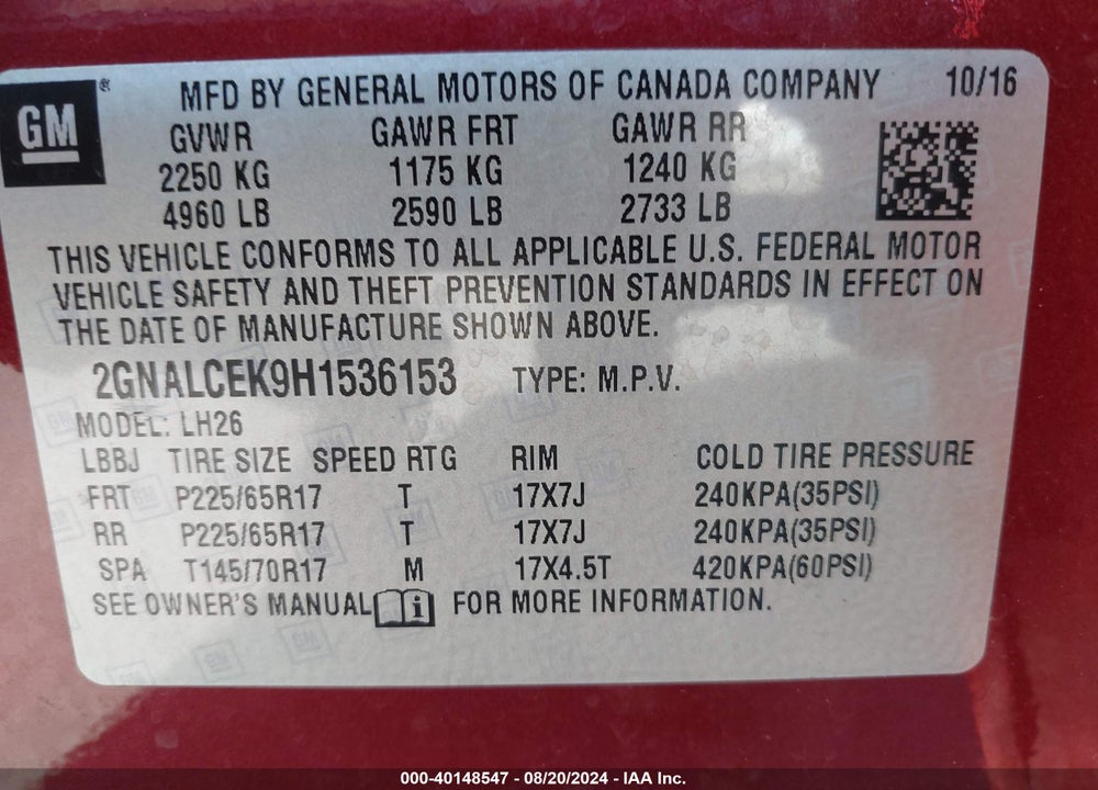 2017 CHEVROLET EQUINOX LT VIN: 2GNALCEK9H1536153