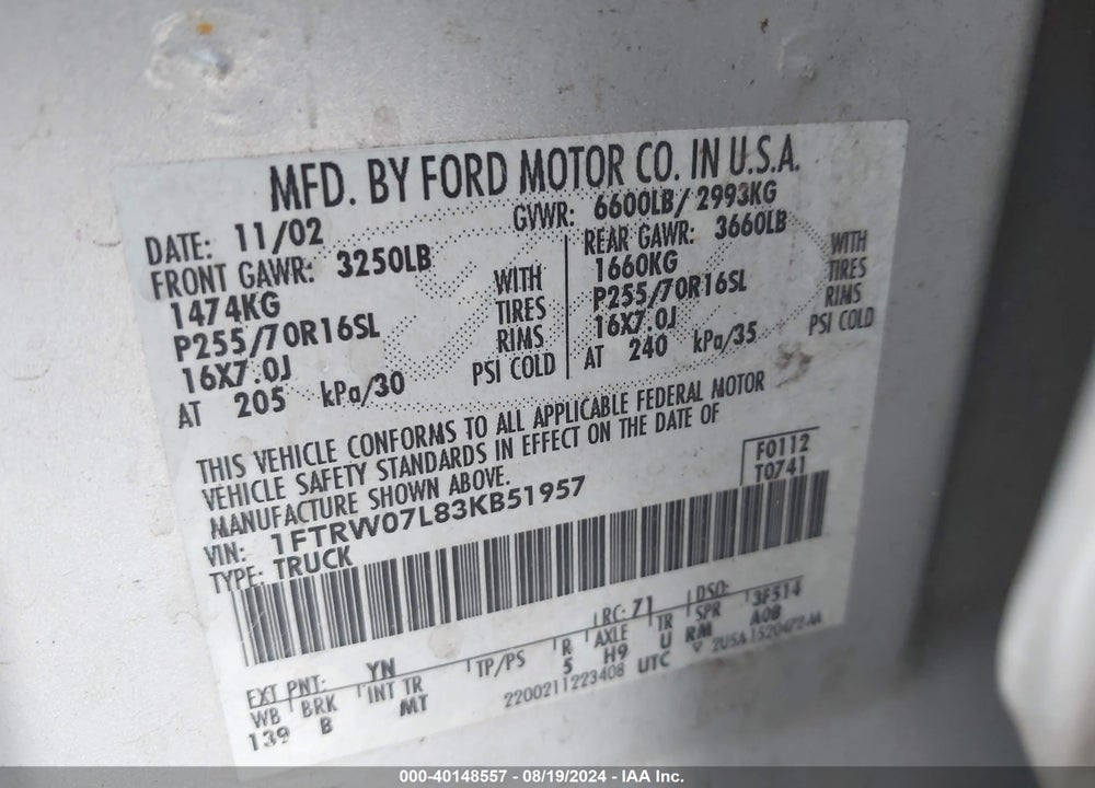 2003 FORD F-150 LARIAT/XLT VIN: 1FTRW07L83KB51957