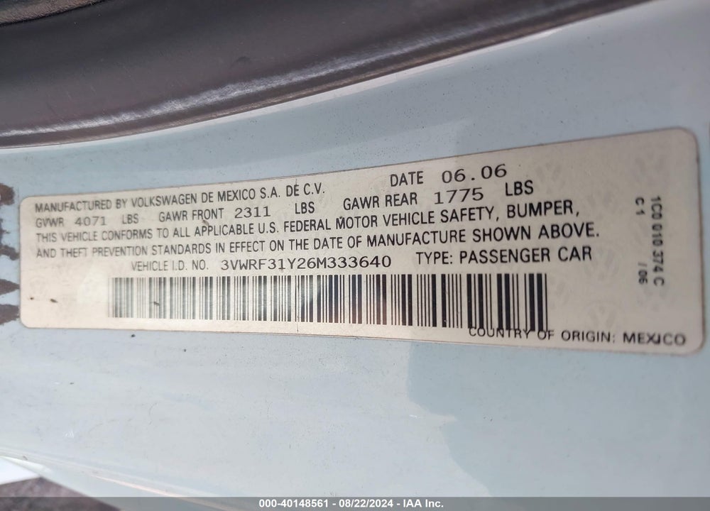 2006 VOLKSWAGEN NEW BEETLE 2.5 VIN: 3VWRF31Y26M333640