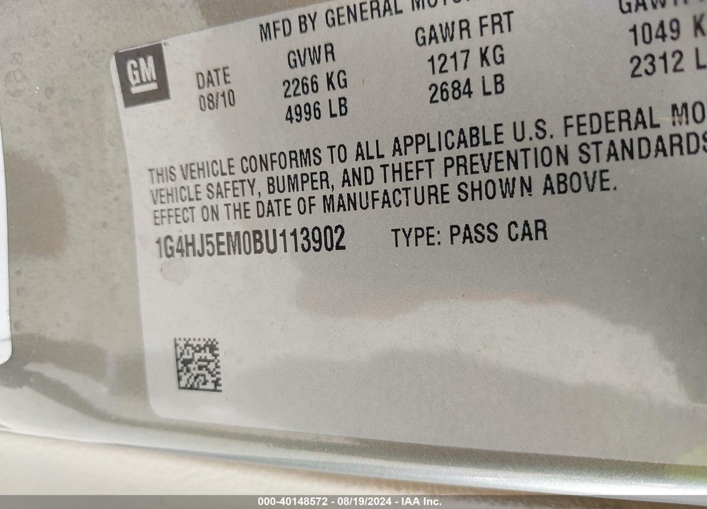 2011 BUICK LUCERNE CXL PREMIUM VIN: 1G4HJ5EM0BU113902