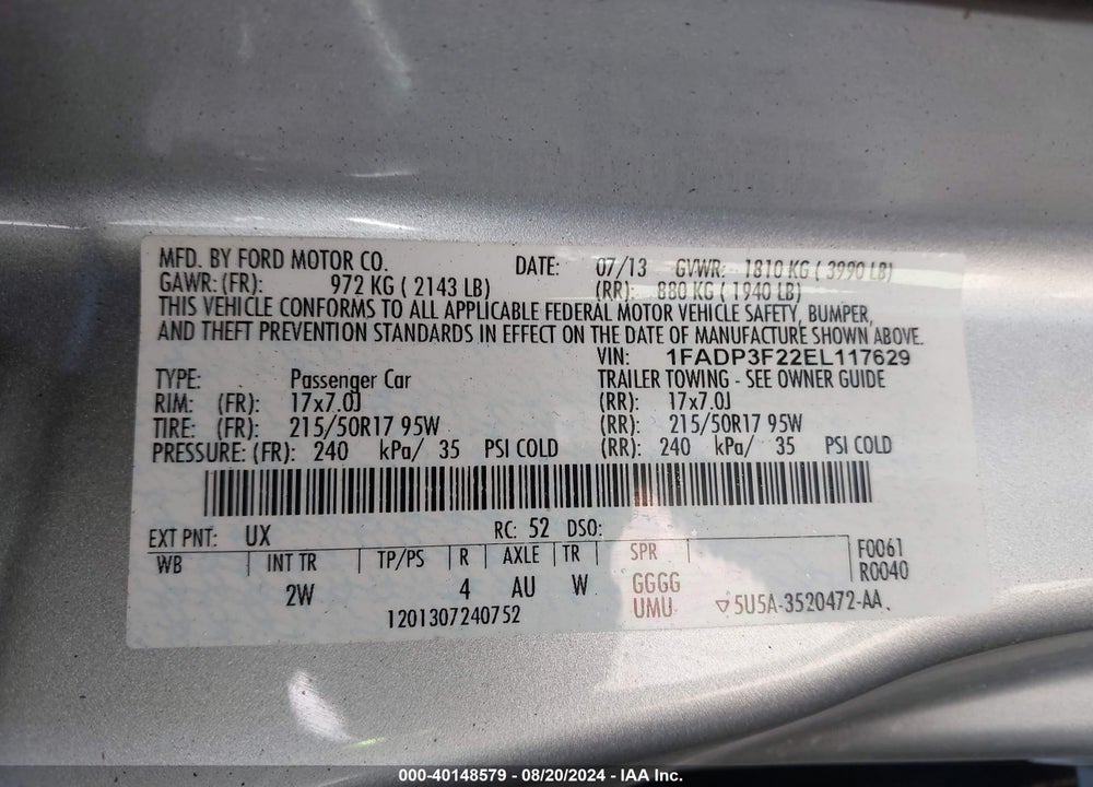 2014 FORD FOCUS SE VIN: 1FADP3F22EL117629