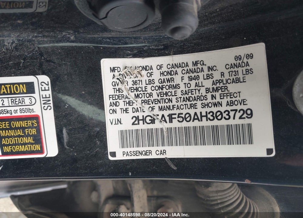 2010 HONDA CIVIC LX VIN: 2HGFA1F50AH303729