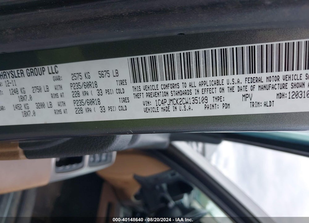 2012 JEEP LIBERTY LIMITED EDITION VIN: 1C4PJMCK2CW135109