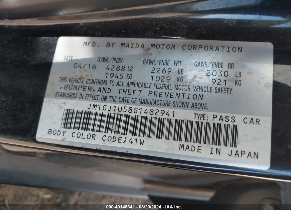 2016 MAZDA 6 I SPORT VIN: JM1GJ1U58G1482941