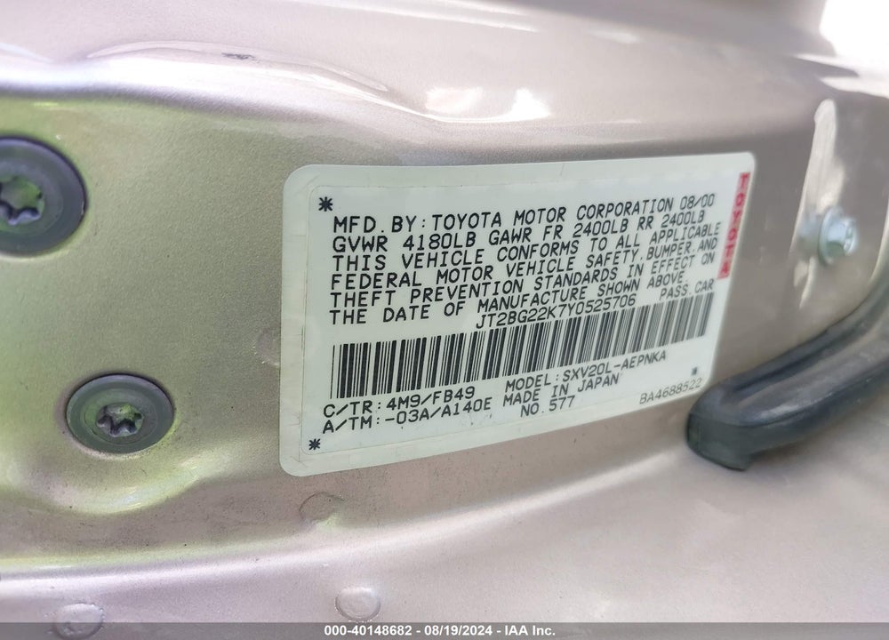 2000 TOYOTA CAMRY LE VIN: JT2BG22K7Y0525706