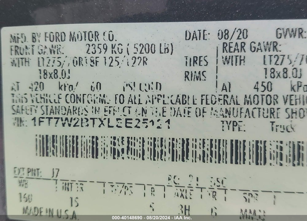 2020 FORD F-250 XL VIN: 1FT7W2BTXLEE25121