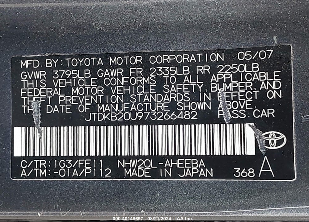 2007 TOYOTA PRIUS VIN: JTDKB20U973266482
