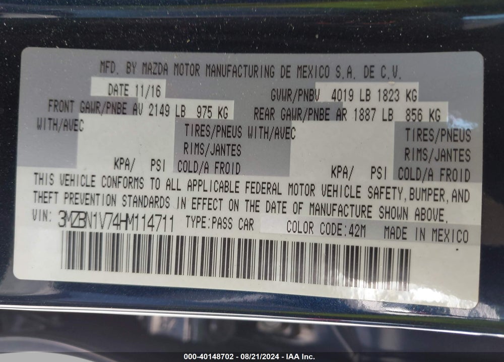 2017 MAZDA 3 TOURING VIN: 3MZBN1V74HM114711