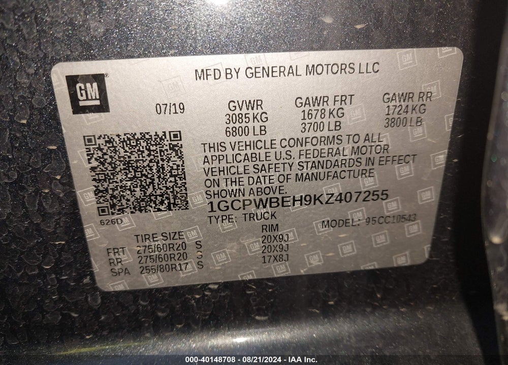 2019 CHEVROLET SILVERADO 1500 VIN: 1GCPWBEH9KZ407255