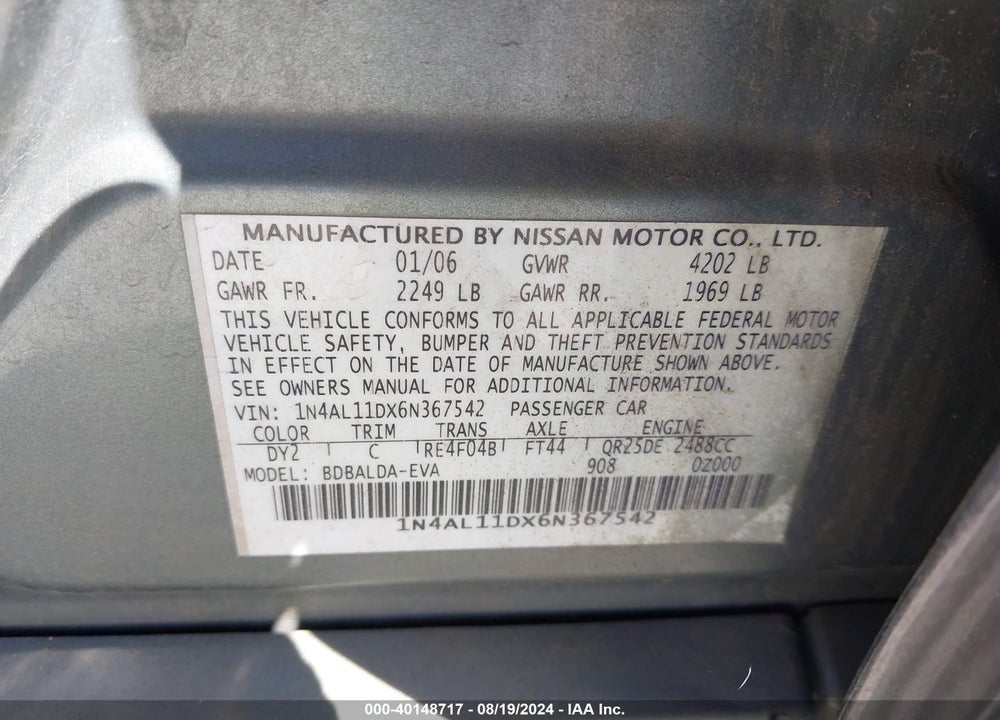 2006 NISSAN ALTIMA 2.5 S VIN: 1N4AL11DX6N367542