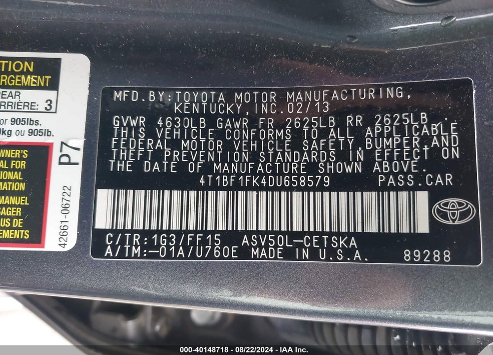 2013 TOYOTA CAMRY SE VIN: 4T1BF1FK4DU658579