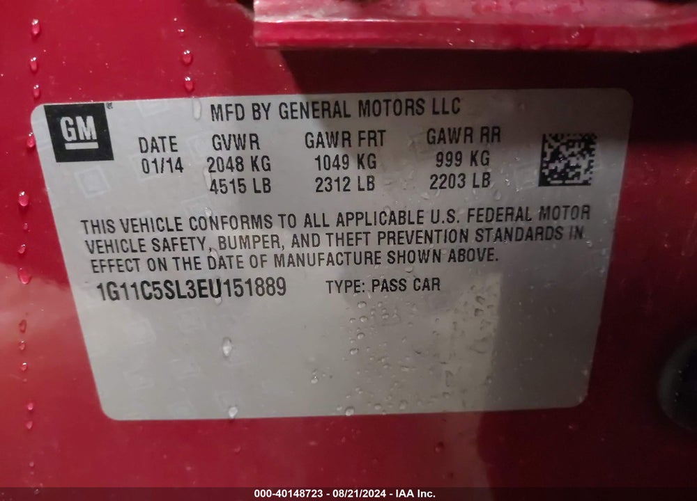 2014 CHEVROLET MALIBU 1LT VIN: 1G11C5SL3EU151889